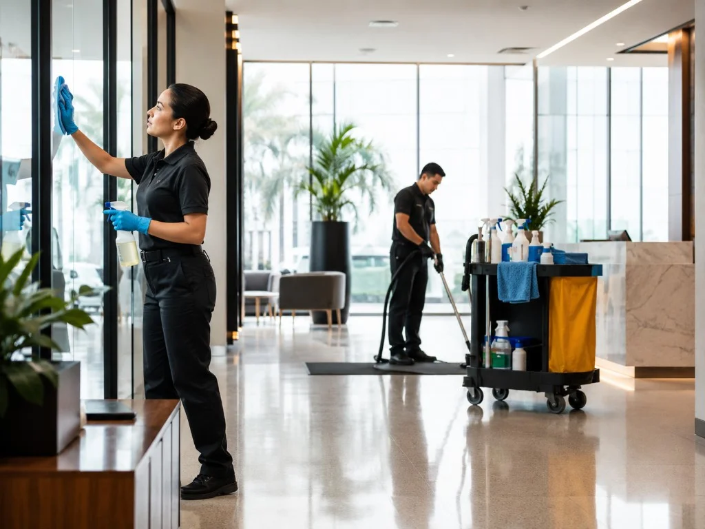 Equipe de limpeza profissional cuidando de um lobby comercial moderno
